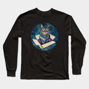 Cat in a Box Floating Through Space Pattern Long Sleeve T-Shirt